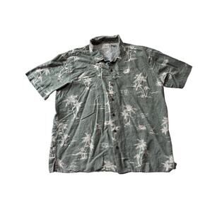 L.L. Bean Mens Linen Blend short sleeve shirt, LARGE, Green & Tan tropical Trees